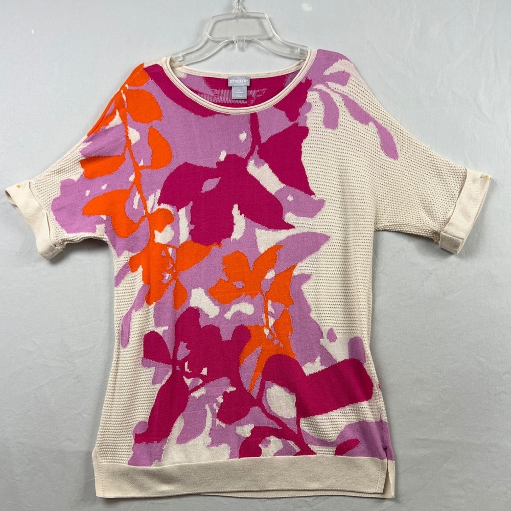 Chico's 0 Knit Top Womens Small Pink Floral Intarsia Short Sleeve Cotton Blend